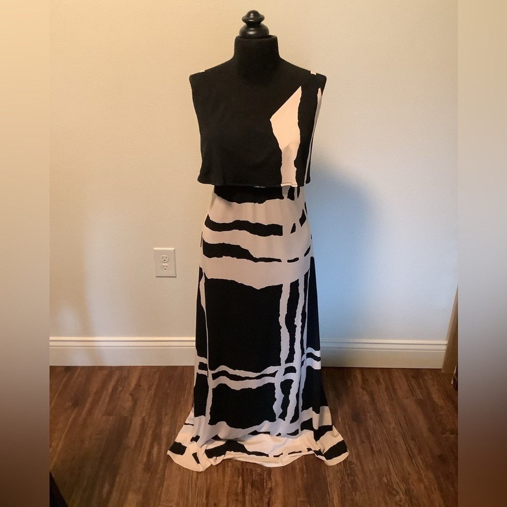 Abstract Print Maxi Dress Black Cream Layered Bodice Tie Back 837043 RN 58142 - Picture 1 of 12